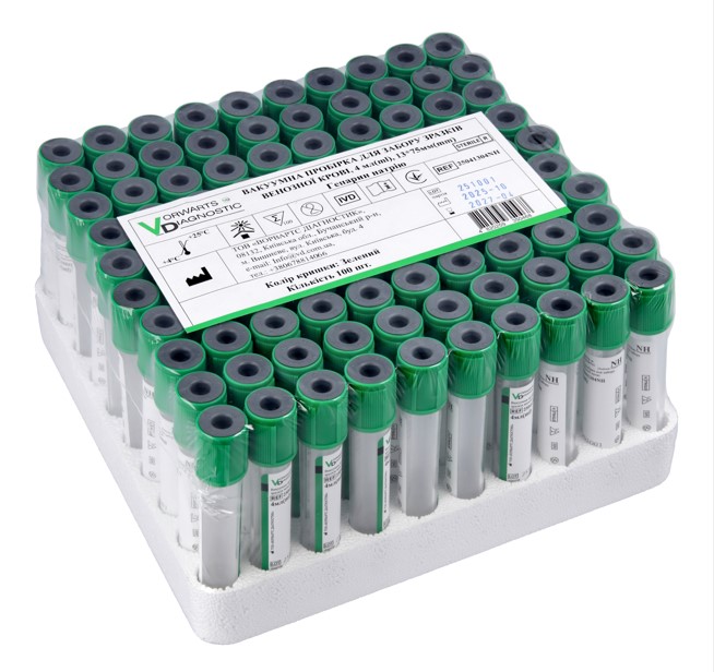 Вакуумна пробірка, 6 мл, 13*100 мм, з гепарином літію та розділовим гелем, з зеленою кришкою, 100 шт. стерильна